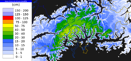 Fig. 1: Altezza della neve fresca caduta fra giovedì 20 febbraio alle 14 e venerdì 1 marzo alle 14. MeteoSvizzera