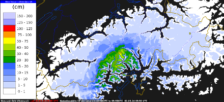 Fig. 1: Altezza della neve fresca caduta fra venerdì 1 e sabato 2 marzo alle 11.