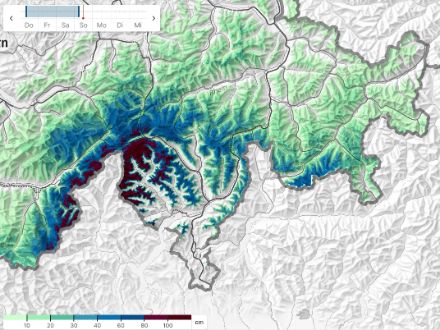 Fig. 4. Accumuli di neve fresca nelle ultime 72 ore. Al di sopra dei 1800 – 2000 metri di quota a livello regionale si sono superati i 100 cm. Fonte: www.slf.ch