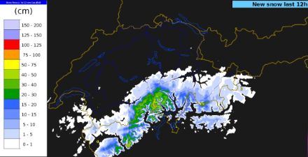 Fig. 1. Accumuli di neve fresca secondo l’algoritmo INCA (analisi), tra il 2 marzo ore 18:00 e il 3 marzo alle ore 06:00. Fonte: MeteoSvizzera.