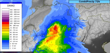 Fig. 5: Accumuli di precipitazioni delle ultime 48 ore, entro lunedì mattina. 
