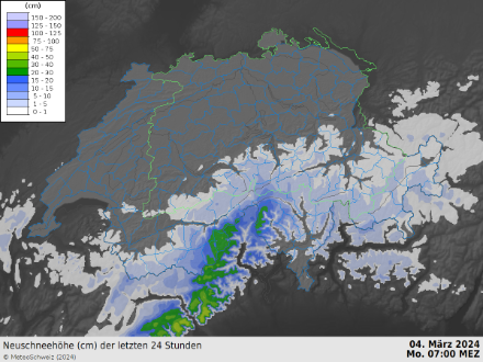 Fig. 1: Somma delle precipitazioni nevose su 24 ore, entro lunedì mattina 07:00