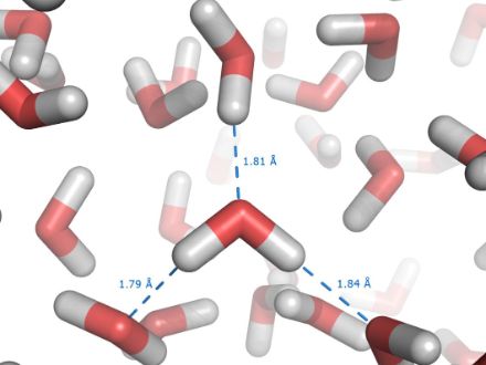 Le molecole d'acqua formano un legame tra l'ossigeno (rosso) di una molecola e l'idrogeno (bianco) di un'altra molecola. Per poter evaporare una molecola deve prima rompere i legami idrogeno, il che richiede molta energia. 