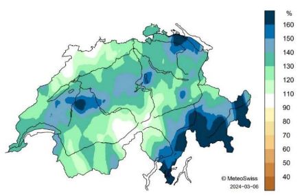 Fig. 2: Distribuzione spaziale del totale delle precipitazioni della stagione invernale 2023/24, rappresentata come percentuale della norma 1991-2020.
