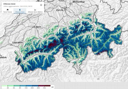 Fig. 3: Altezza della neve in cm sulle Alpi svizzere, aggiornata il 29 marzo alle ore 7. 