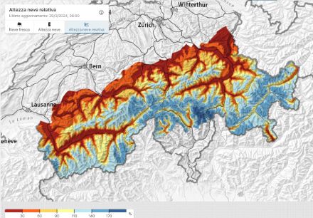 Fig. 4: Altezza della neve sulle Alpi svizzere aggiornata il 29 marzo alle ore 7, rappresentata come percentuale della media 1991-2020. 