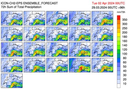 Fig. 1: Previsione d’insieme del modello ICON-CH2-EPS per la precipitazione attesa nelle 72 ore fra sabato 30 marzo e lunedì 1 aprile. 