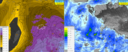 Previsione del modello IFS (ECMWF): Geopotenziale e temperatrua a 500 hPa (sinistra), campi di pressione al suolo e accumuli di precipitazioni su 12h (destra) il 26.03.2024, 12 UTC.