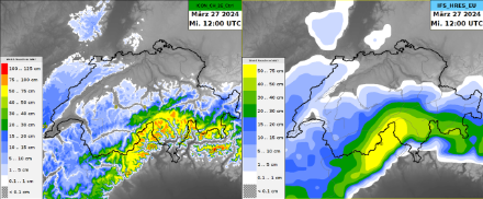 Previsione dei modelli ICON 2E (sinistra) e IFS (destra) relativa agli accumuli di neve su 24 ore fino al 27.03.2024, 12 UTC. 