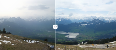 Vista dal Wildspitz (SZ/ZG) in direzione sud-est verso le Alpi (lago di Lauerz in primo piano). A sinistra la foto scattata alle 8 del mattino con la visibilità temporaneamente ridotta, a destra la foto scattata alle 12. 