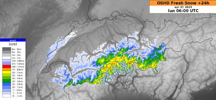 Carta con i quantitativi di neve fresca previsti dal modello OSHD del SLF su 24 ore entro le 08:00 locali di lunedì 1° aprile 2024. Rispetto ai giorni scorsi il baricentro delle precipitazioni tende a spostarsi lentamente verso est.