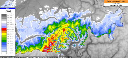 Fig. 4: Accumulo totale di neve fresca previsto entro lunedì mattina alle 06 UTC dal modello OSHD. La previsione ricopre la Svizzera idrologica.
