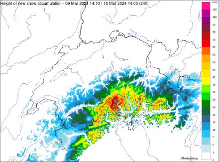 Fig. 1: Accumuli di neve su 24 ore alla fine dell’allerta, domenica 15:00  