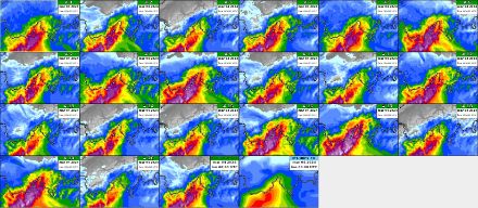 Fig. 3: Previsione del totale delle precipitazioni fra domenica 3 marzo alle ore 00 UTC e lunedì 4 marzo alle 00 UTC. I numeri mostrano le simulazioni dei 20 membri del modello ICON-CH-2E, il pannello “ICON_CH_2E_Ctrl” la simulazione di controllo dello stesso modello, il pannello “IFS HRES EU” la previsione del modello globale del centro europeo ECMWF.