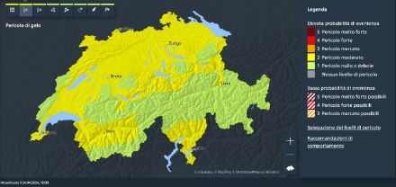 Cartina della Svizzera con evidenziate le regioni allertate per il gelo al suolo nella notte tra il 24 e il 25 aprile 2024. 