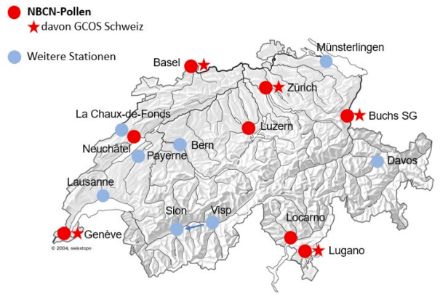 La rete svizzera di monitoraggio dei pollini "Swiss Pollen" con la selezione delle otto stazioni polliniche NBCN. Cinque di queste stazioni fanno anche parte del GCOS-Switzerland, il Global Climate Observing System Switzerland.