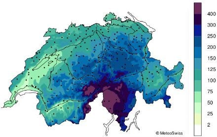 Fig. 3: Totale delle precipitazioni [mm] del mese di marzo 2024 in Svizzera.