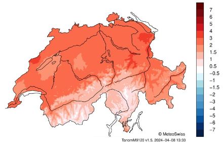 Figura 6. Distribuzione della temperatura in Svizzera nel marzo 2024. È indicata la deviazione (in °C) dalla norma 1991-2020.