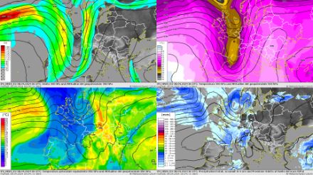 Fig. 4. Previsione del modello ad alta risoluzione (HRES) ECMWF (geopotenziale e velocità del vento a 300 hPa, geopotenziale e temperatura a 500 hPa, geopotenziale a 850 hPa e temperatura potenziale equivalente, pressione al suolo e accumulo precipitazioni sulle 6 ore.
