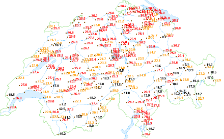Temperature massime registrate in Svizzera domenica 14 aprile 2024.