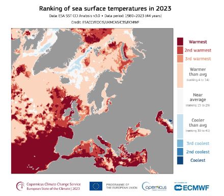 Fig. 2: Classifica delle temperature medie annuali della superficie del mare nel 2023, rispetto al periodo di 44 anni dal 1980 al 2023. Le tonalità più scure indicano le classifiche più alte e più basse; il rosso più scuro mostra le aree in cui il 2023 è stato l'anno più caldo mai registrato. Le tonalità più chiare indicano le aree che si sono avvicinate alla media. Fonte dei dati: ESA SST CCI Analyse v3.0. Fonte: ESACCI/EOCIS/UKMCAS und C3S/ECMWF.
