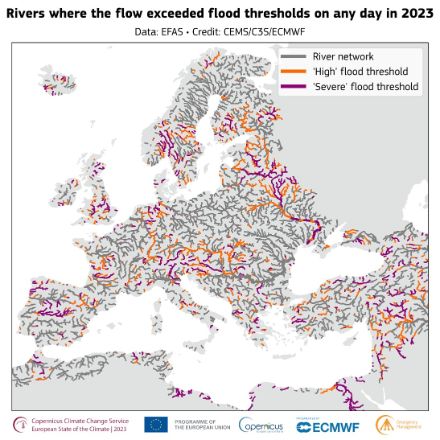 Fig. 3: Mappa che mostra dove il flusso fluviale ha superato le soglie di piena "elevata" (periodo di ritorno di 5 anni) e "grave" (periodo di ritorno di 20 anni) in un qualsiasi giorno del 2023. I fiumi con aree a monte superiori a 1000 km2 sono indicati in grigio e sono colorati di arancione quando il flusso fluviale ha superato la soglia di piena "elevata" e di viola quella "grave". Fonte dei dati: EFAS. Credit: CEMS/C3S/ECMWF.