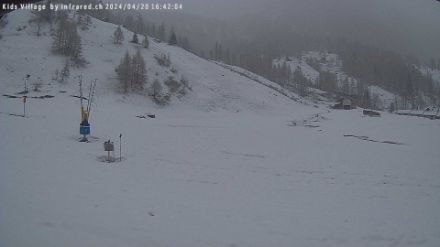 Veduta verso il pluviometro di Bosco Gurin, a destra dietro il masso, in una fredda giornata di aprile. 