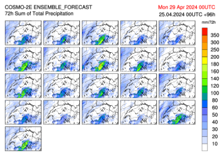 Fig. 2: Accumuli di 72 ore entro lunedì 29.04, 00UTC, previsti dai 21 membri di calcolo del modello COSMO 2E.