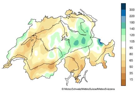 Fig. 7: Distribuzione spaziale dei totali delle precipitazioni nel mese di aprile 2024 (al 29.04.2024), mostrata come percentuale della norma 1991-2020.