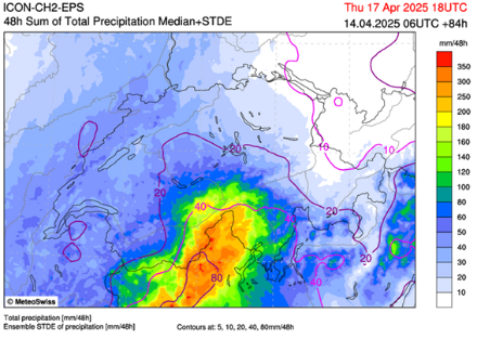 Figura 2: Previsione degli accumuli di precipitazioni tra martedì 20:00 e giovedì 20:00, mediana del modello ICON-CH2-EPS, run del 14 aprile alle ore 6 UTC. Le linee viola rappresentano la deviazione standard, unità in mm. 