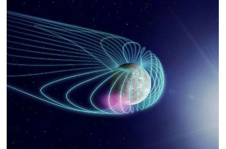 Rappresentazione del campo magnetico di Mercurio e, in rosa, una zona di accelerazione della materia proveniente dal Sole.