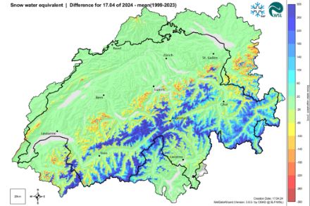 Fig. 1: Differenza fra l'equivalente in acqua contenuta nella neve di quest'inverno con la media pluriennale dal 1999 ad oggi. 