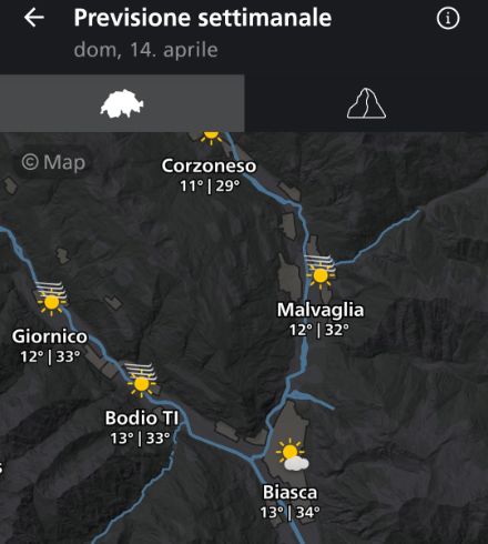 Fig. 1: temperature previste per domenica 14 aprile e pubblicate sulla App di MeteoSvizzera