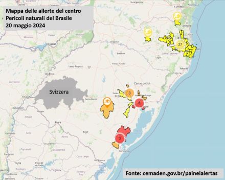 Mappa del Brasile con le zone allertate colorate di giallo, arancione e rosso.