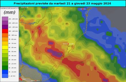 Mappa con gli accumuli di pioggia previsti nel Rio Grande do Sul fino a giovedì.