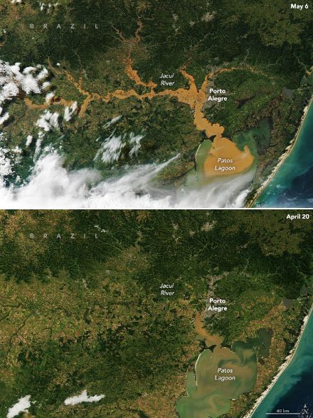 Due immagini satellitari; in quella in alto si vedono le zone allagate.