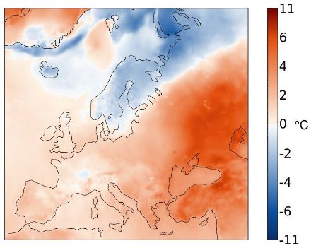 Fig. 3: Distribuzione spaziale della temperatura di aprile 2024 in Europa come deviazione dalla media 1991-2020 in °C.  