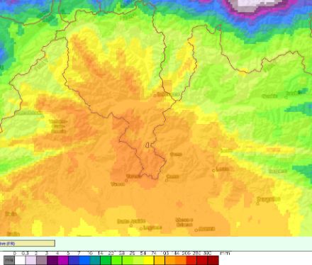Figura 1: Accumulo delle precipitazioni fra martedì 14 maggio alle ore 14 e giovedì 16 maggio alle ore 14 secondo l’integrazione dei dati radar con quelli delle stazioni al suolo (CombiPrecip). 