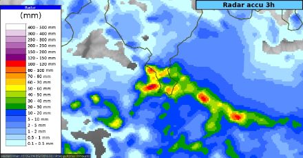 Fig. 1: Accumuli di precipitazioni, base dati radar, su 3 ore entro le 17:30 ora locale.