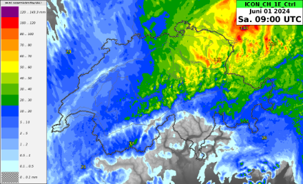 Precipitazioni totali su 24 ore fino a sabato ore 11 ora locale secondo il modello meteorologico ICON CH 1E. 