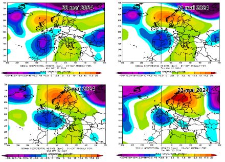 Anomalia del geopotenziale in decametri (a destra) per i giorni 20, 21, 22 e 23 maggio 2024 rispetto alla media 1991-2020 dello stesso periodo. 