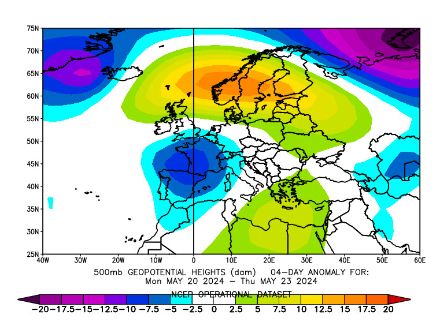 Anomalia del geopotenziale in decametri per il periodo 20-23 maggio 2024 rispetto alla media 1991-2020 dello stesso periodo. 