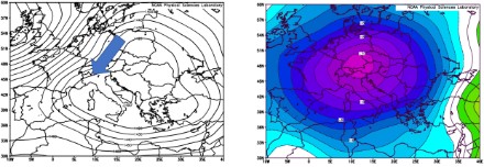 Geopotenziale medio [gpm] a 850 hPa (circa 1500 m sul livello del mare) tra il 25 gennaio 1963 e il 3 febbraio 1963 in Europa (a sinistra) e deviazione media della temperatura [°C] a 850 hPa (a destra) nello stesso periodo secondo lo strumento di rianalisi https://psl.noaa.gov/data/composites/day/. In Svizzera hanno prevalso venti da nord-est (freccia blu a sinistra), che hanno portato aria molto fredda, con temperature in Svizzera di circa 10 gradi inferiori alla media a lungo termine per il periodo dal 25 gennaio al 3 febbraio.