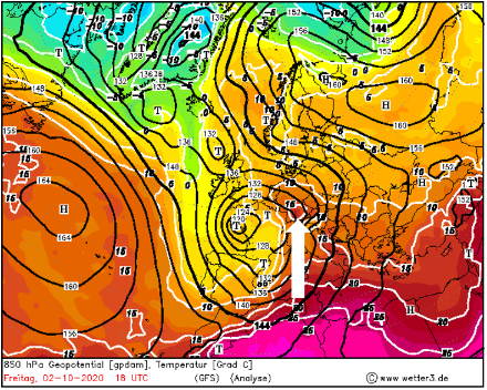 Geopotenziale [gpdam] e temperatura [°C] a 850 hPa (circa 1500 m sul livello del mare) il 2 ottobre 2020 alle 18 UTC. Con forti venti meridionali (freccia bianca), l'aria calda e umida del Mediterraneo è affluita da sud verso le Alpi. Ciò ha provocato una situazione di sbarramento da sud con forti precipitazioni sul versante meridionale delle Alpi.