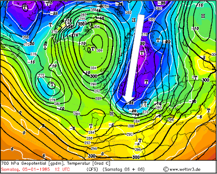 Temperatura [° C] e geopotenziale [gdam] a 700 hPa (circa 3000 m sul livello del mare) il 5 gennaio 1985 alle 12 UTC. A quell'ora, aria molto fredda di origine artica (freccia bianca), scorreva verso la Svizzera da nord.