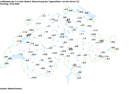 Deviazione della media giornaliera [° C] dalla norma a lungo termine il 16 febbraio 2020. Soprattutto nelle località esposte ai venti occidentali (Oberland bernese e Giura), le temperature erano di 10-15 gradi più alte della media a lungo termine.