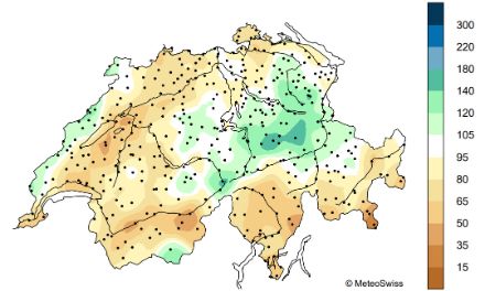 Fig. 3: Totale delle precipitazioni del mese di aprile 2024 in Svizzera, rappresentato come percentuale della norma 1991-2020. 