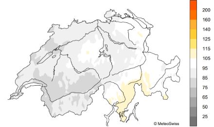 Figura 7: Distribuzione del soleggiamento del mese di aprile 2024, rappresentato come percentuale della norma 1991-2020. 