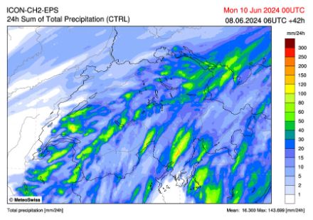 Precipitazioni totali in mm previste per domenica 9 giugno 2024 dal modello ICON-2-CTRL. 