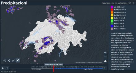 Mappa delle precipitazioni tratta dal nostro sito, con evidenziato nella barra del tempo il momento in cui si passa dalle precipitazioni misurate dal radar alle precipitazioni previste dai modelli. 